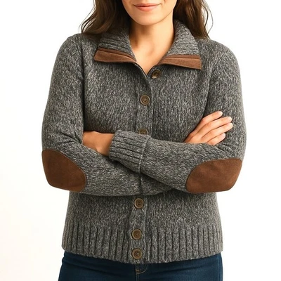 Vtg Eddie Bauer Womens M Suede Elbow Patch Wool Cardigan Button Up Sweater Gray - Image 1 of 4