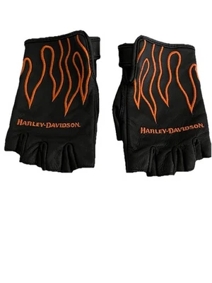Harley Davidson Womens Half Finger Black Leather Gloves Ignite Flames Small - Image 1 of 4