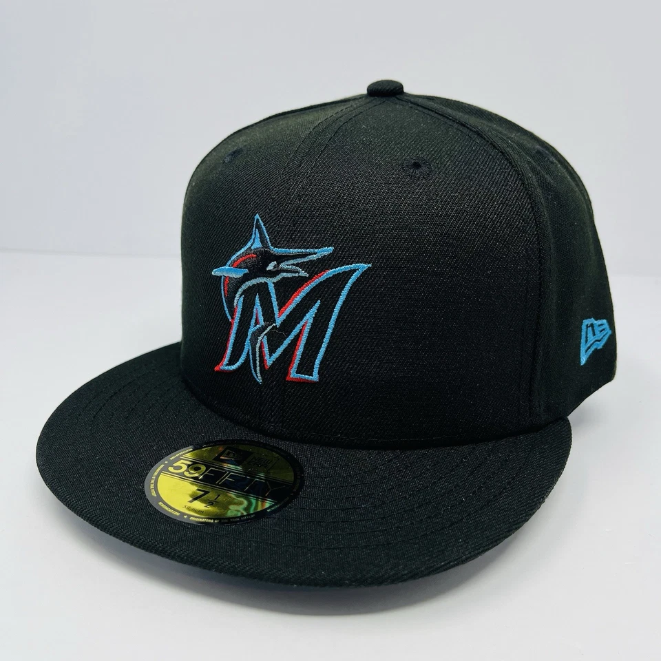 New Era 59FIFTY MLB Miami Marlins On Field Black Fitted Hat Cap Mens Size 7 1/2 - Image 1 of 4