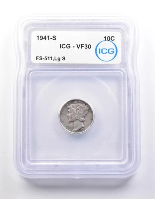 1941-S Mercury Dime FS-511 Large S VF30 ICG *9883 - Image 1 of 3