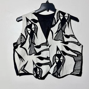 Gilet Vintage Y2K Donna Grande Nero Bianco Tessuto Grafica Arte Casual Festival - Foto 1 di 8