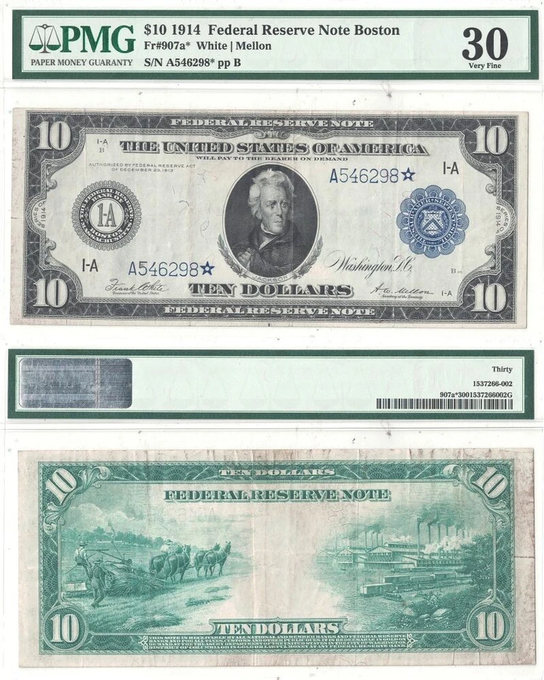 1914 $10 Federal Reserve Note Star Note Fr-907a* PMG VF-30 - Image 1 of 1