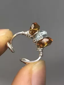Fine Silver Handcrafted Ear Cuffs Genuine Aquamarine + Citrine E4 - Picture 1 of 5
