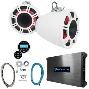2) KICKER 47KMFC11W 11" Marine Boat Flat Mount Tower Speakers+Amplifier+Receiver - Picture 1 of 12