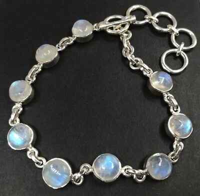rainbow moonstone bracelet, Solid Sterling Silver, round, 7-9”. Hallmarked. Foto 1 de 4