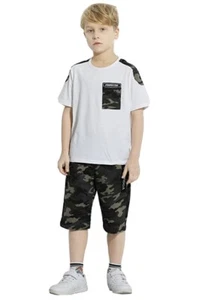 Boys Camouflage  2 piece outfit Short Sleeve Dinosaur Text Tops And Short Pans - Picture 1 of 7