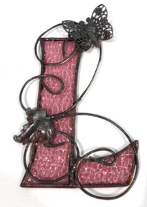 Christmas Textured Glass "L" Ornament Metal Wrap Butterfly & Leaf 4 3/8" Tall - Picture 1 of 3