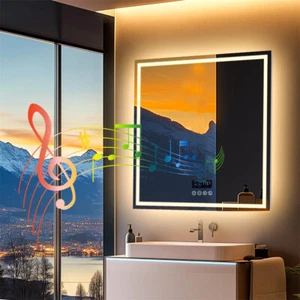 Bluetooth LED Wall Bathroom Mirror w/ Backlit+Front-lit Date &Time Display Defog - Picture 1 of 15