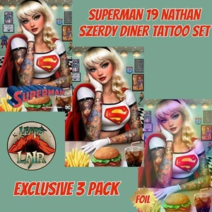 SUPERMAN 19 NATHAN SZERDY EXCLUSIVE DINER TATTOO FOIL VIRGIN & VARIANT ~ 3ER PACK - Bild 1 von 4