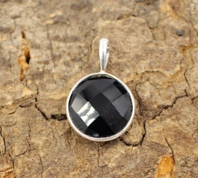 Ciondolo rotondo in argento sterling 925 onice nero fatto a mano uso quotidia... - Immagine 1 di 4