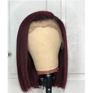 Ombre Burgundy Brazilian Bob Cut Wigs 99J Short Human Hair 13X4 Lace Front Wigs - Picture 1 of 10