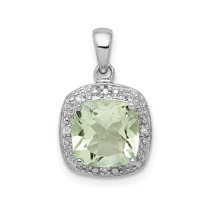 Sterling Silver Rhodium Plated Cushion Green Quartz & Diamond Square Pendant - Picture 1 of 2