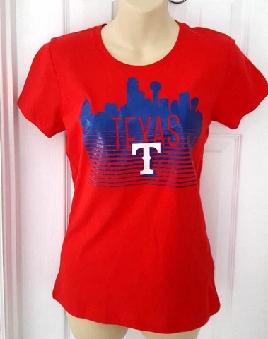 Texas Rangers Womens T Shirt Size Medium Red Tee Dallas Skyline Logo MLB New Cover