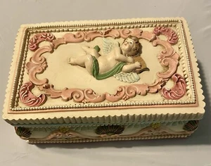 Vintage Jewelry Box Ceramic Cupid Angel. Mirror. Mint Condition. Colorful 8x5x3 - Picture 1 of 21
