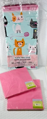 NEW Purr-Fect Kitty Cat Party Plastic Tablecloth 54x102" Birthday+ 2X 16 Napkins - Image 1 of 4