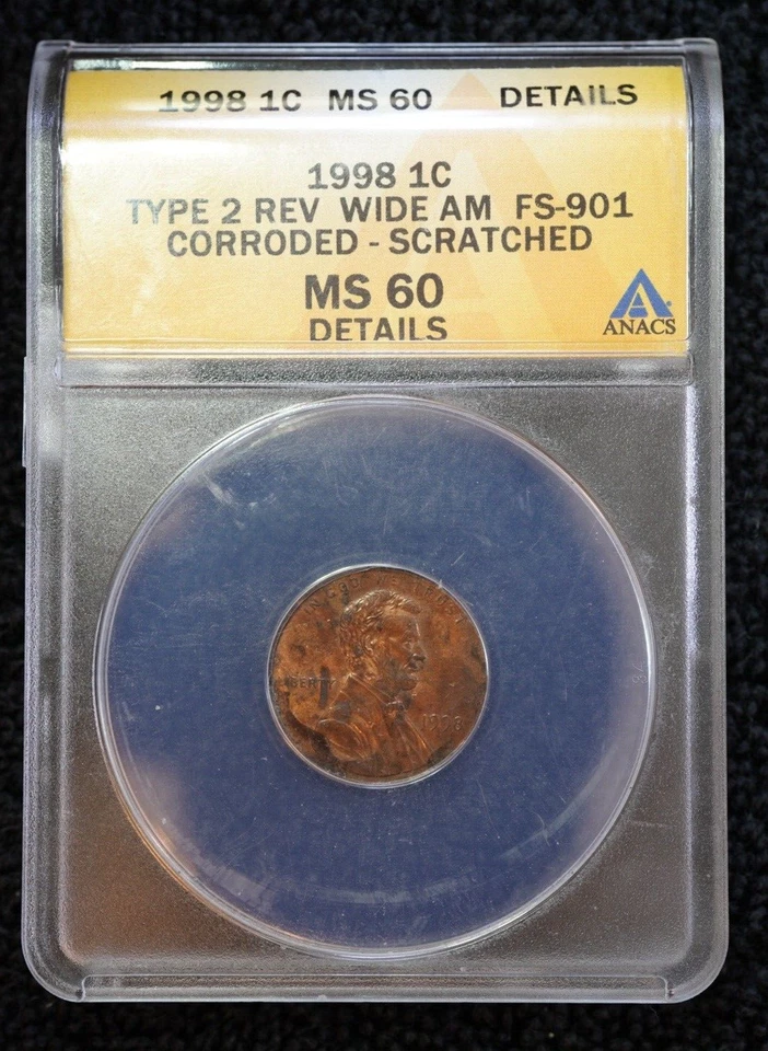 1998-P ANACS MS 60 Details Type 2 Rev Wide AM FS-901 1C Lincoln Cent - Image 1 of 4