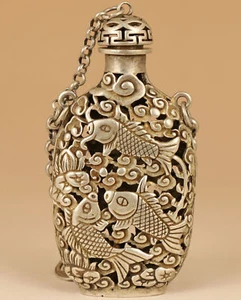 old tibetan silver hand carved hollow out fish lotus statue snuff bottle pendant - Picture 1 of 8