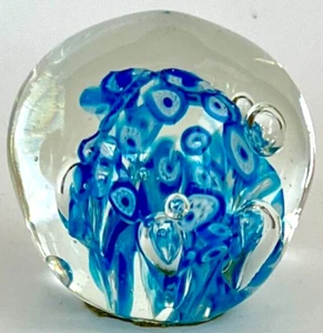 Vintage Art Glass Paperweight Round Blue & White Abstract Bubbles - Picture 1 of 5