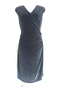 Vestido para mujer Ralph Lauren manga gorra cuello en V imitación envoltura talla 16 negro plateado cuña - Imagen 1 de 13