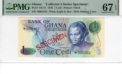 GHANA BANK OF GHANA 1 CEDI 1976 SPECIMEN PICK#13CS1 Superb Gem Unc 67 EPQ PMG - Image 1 of 2