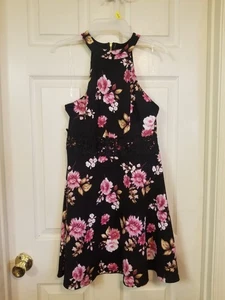 NoBo Junior's Dress L 11-13 Black Pink Floral Lace Slvs Tback Aline Knee Length - Picture 1 of 12