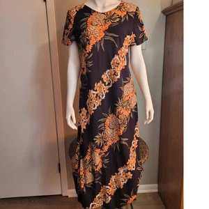 Vintage 90s Y2K Hilo Hattie Hawaiian Maxi Dress Sz Large Pineapples Tropical - Picture 1 of 10