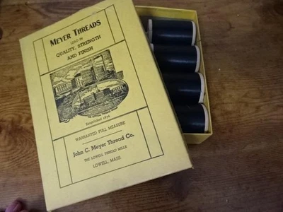 Lot 6 Vtg Spools MEYER THREADS-Black-2 oz sz-E 20 w/original box-beautiful - Image 1 of 4