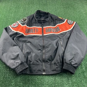 VTG Harley-Davidson Spellout Patches Bomber Full Zip Windbreaker Medium Black - Picture 1 of 13