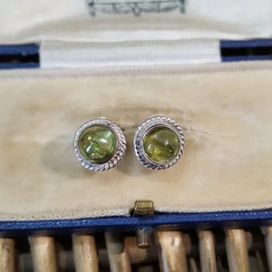 Sterling Silver Round Stud Earrings Peridot Cabochon Natural Gemstone 925 Silver - Picture 1 of 6