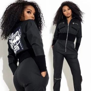 By Alina Mexton Damen Jeansjacke Jeans Cropped Kurzjacke Lederlook Schwarz XS-M - Bild 1 von 3