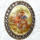 Lovely Vintage Gold Tone Courting Couple Porcelain Cameo Oval Brooch/Pin  X12
