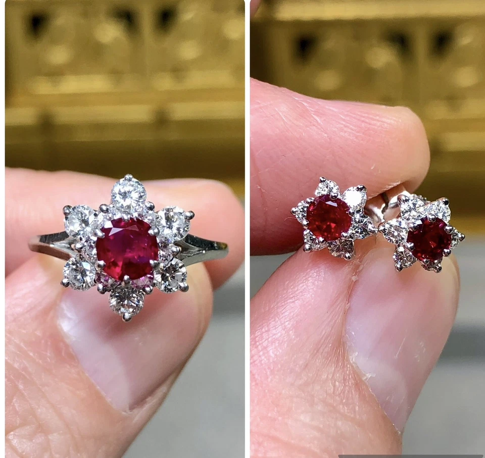 Juego de aretes con anillo floral de diamantes rubí vivo de platino Estate 2,82 ctw Foto 1 de 4