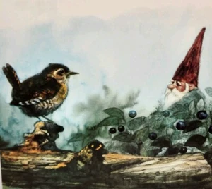 Wichtel Vogel pflücken Blaubeeren Kunstdruck Vintage 1980 11" x 12" Rien Poortvliet - Bild 1 von 5