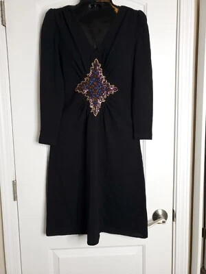 Vestido Adolfo Vintage Negro Manga Larga Adorno Con Cuentas Petite Saks Fifth Av Foto 1 de 4