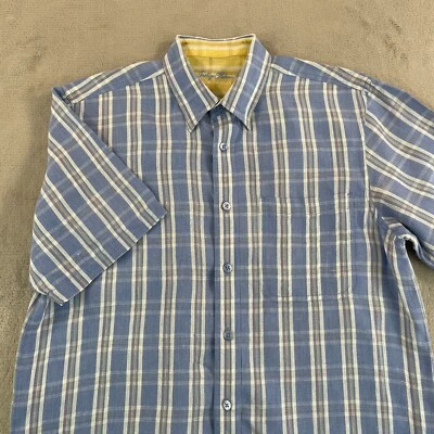 Tommy Bahama Indigo Palms Shirt Men Medium Blue Plaid 100% Linen Short Sleeve - Image 1 of 4