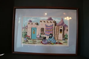Native American Women at Work Needlepoint Picture Framed Southwestern Pueblo - Picture 1 of 3