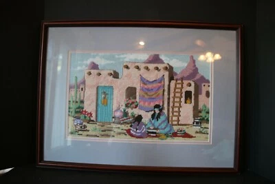 Native American Women at Work Needlepoint Picture Framed Southwestern Pueblo - Image 1 of 3