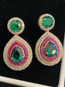2.60 Cts Round Brilliant Cut Diamonds Ruby Emerald Dangle Earrings In 14K Gold - Picture 1 of 12