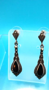 Vintage Silver Marcasite Black Onyx Ornate Dangle Drop Earrings - Picture 1 of 5