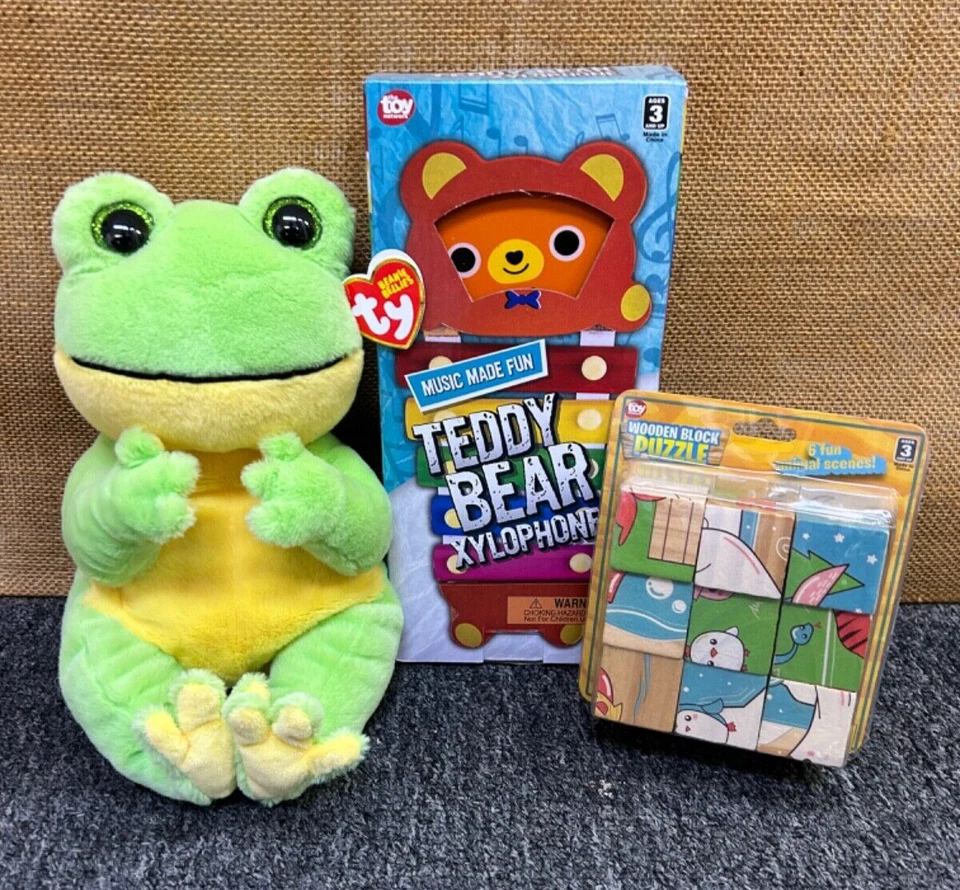 Oso de peluche xilófono bloque de madera rompecabezas y Ty Beanie Bellies paquete de regalo para bebé Foto 1 de 4