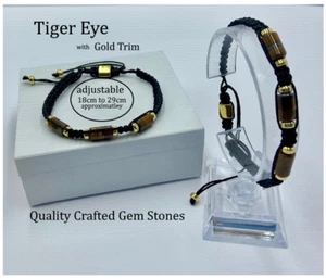 Tiger Eye Natural Gem Stone Tennis Bracelet - Gold Plated Trim - Picture 1 of 3