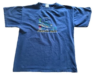 VTG Puerto Rico Embroidered Souvenir T Shirt Sz L Blue Short Sleeve Pullover Tee - Picture 1 of 6