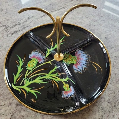 Ancien plat serviteur Signé TESS Céramique Noir Décor chardon Vintage - Photo 1/4