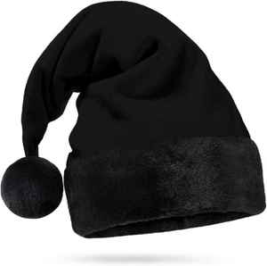 All Black Santa Hat Black Furry Trim Faux Fur Gothic Xmas Spooky Goth Decor 1 Si - Bild 1 von 12