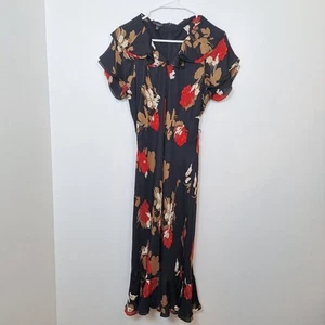 Abito midi donna Talbots nero rosso floreale 100% seta con volant e colletto taglia 10 - Foto 1 di 6