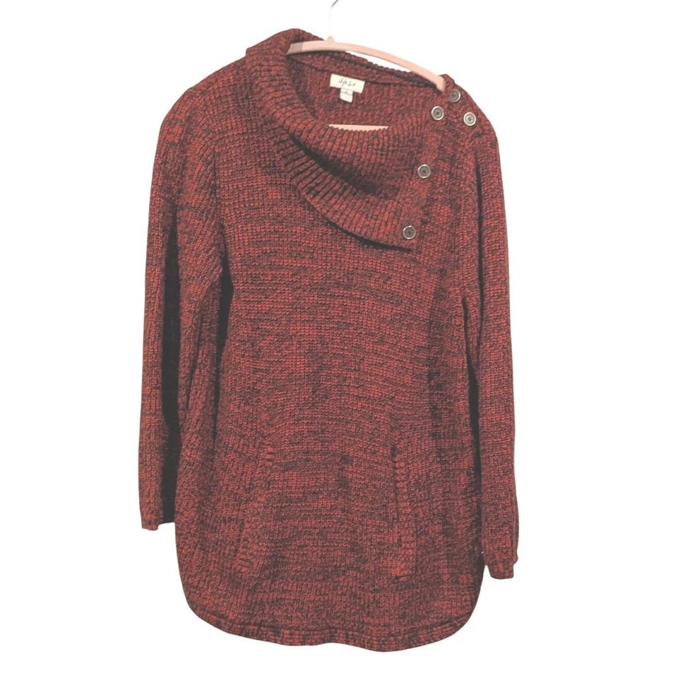 Style & Co Womens Pullover Sweater 1X Red Black Button Cowl Neck Long Sleeve - Image 1 of 4