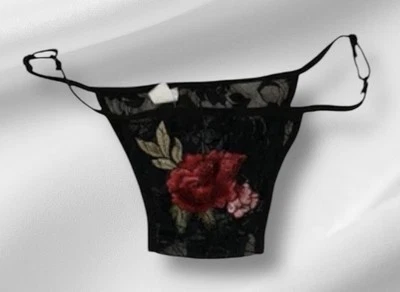 Calcinha feminina de náilon bordada floral malha transparente preta biquíni - Imagem 1 de 4