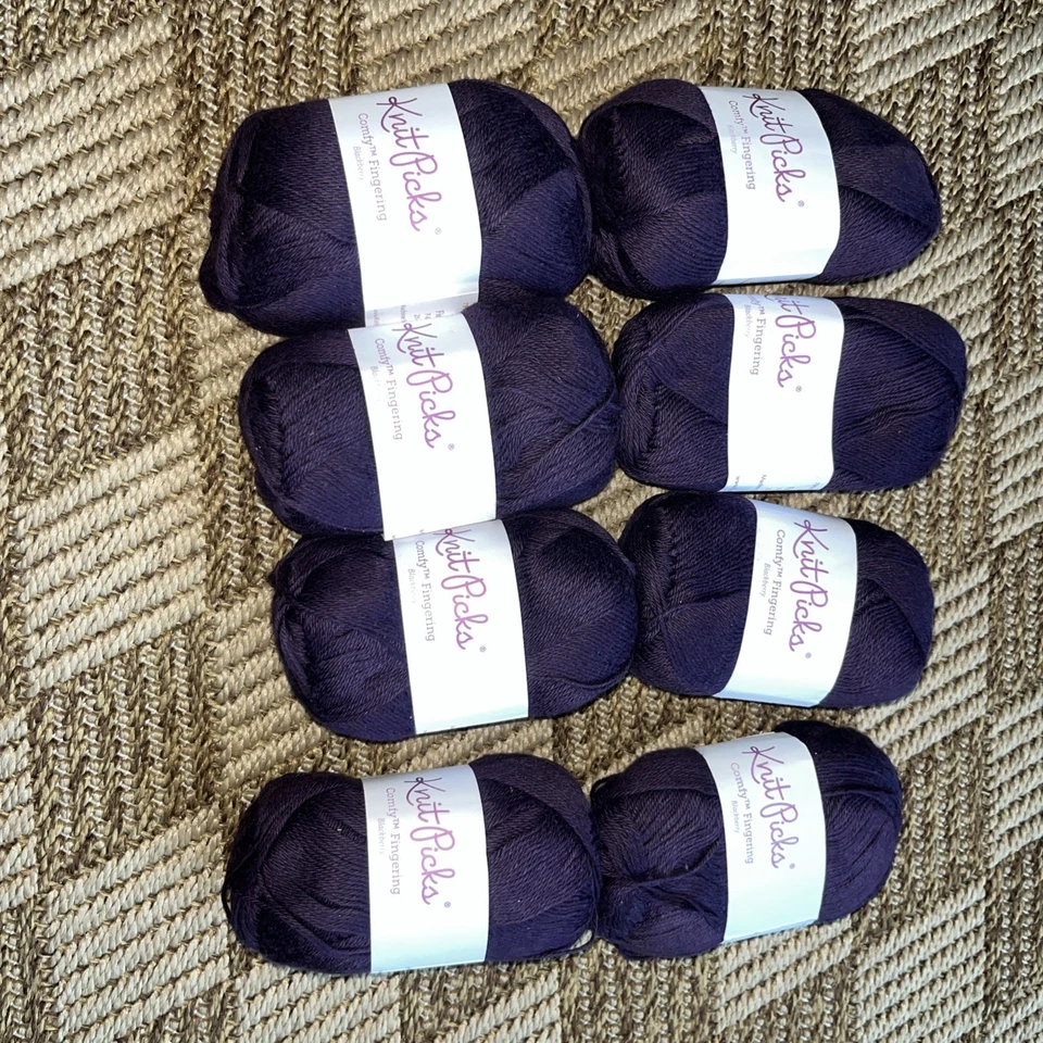 Knit Picks Fingering Weight Cotton Blend Yarn Blackberry Purple Lot of 8 Skeins - Image 1 of 4