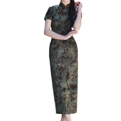 Dama Estilo Vintage Terciopelo Chino Cheongsam Vestido Oriental Largo Baile de graduación Qipao Delgado Foto 1 de 4