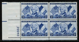 US USA Sc# 1010 MNH FVF PLATE # BLOCK Marquis de Lafayette Flags Ship Cannon - Picture 1 of 1
